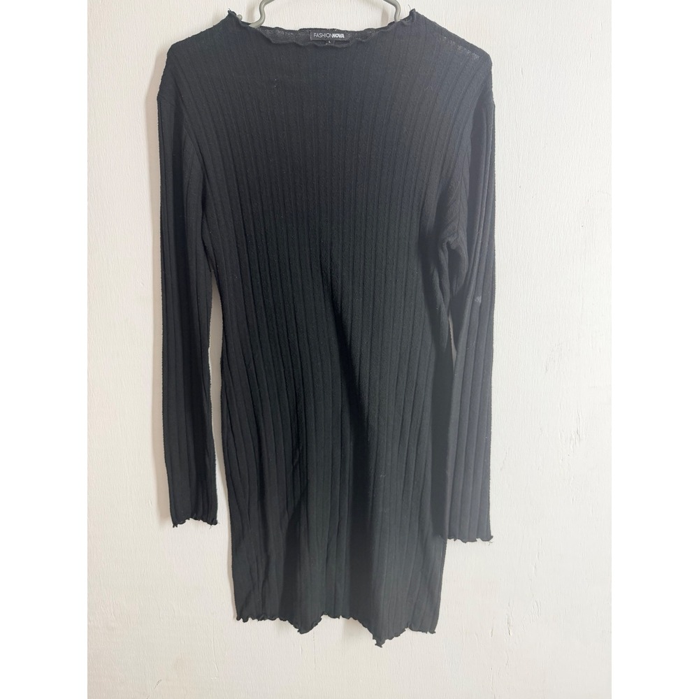 Fashion Nova Black Ribbed Long Sleeve Mini Dress Lettuce Trim Size L Bodycon